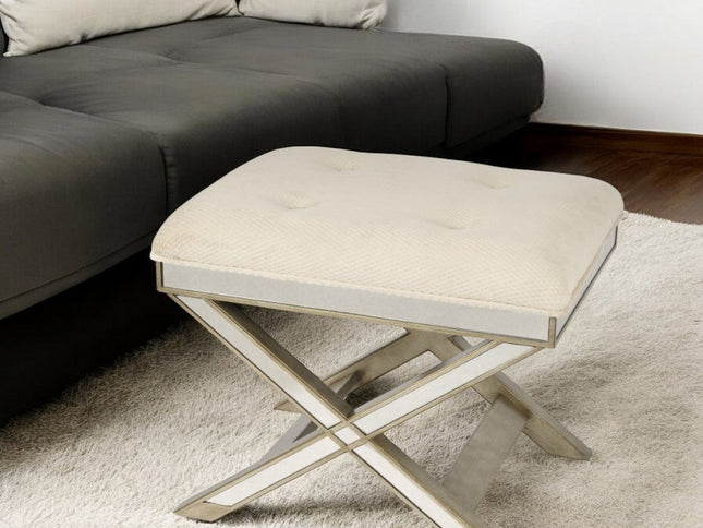 26" Ivory Cotton and Brown Tufted Ottoman