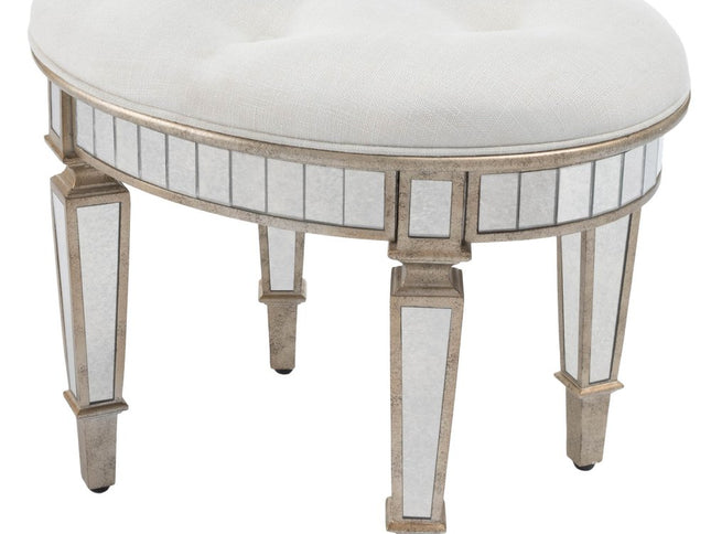 24" Cream Linen And Silver Metallic Round Ottoman