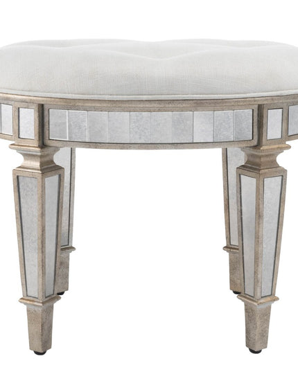 24" Cream Linen And Silver Metallic Round Ottoman