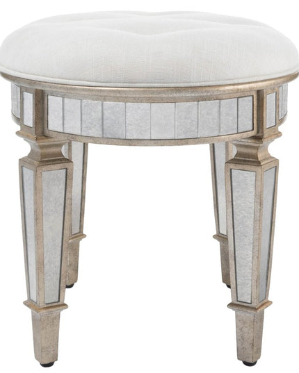 24" Cream Linen And Silver Metallic Round Ottoman