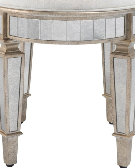 24" Cream Linen And Silver Metallic Round Ottoman