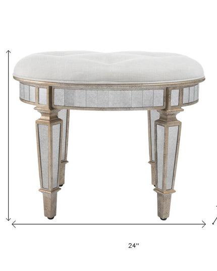 24" Cream Linen And Silver Metallic Round Ottoman