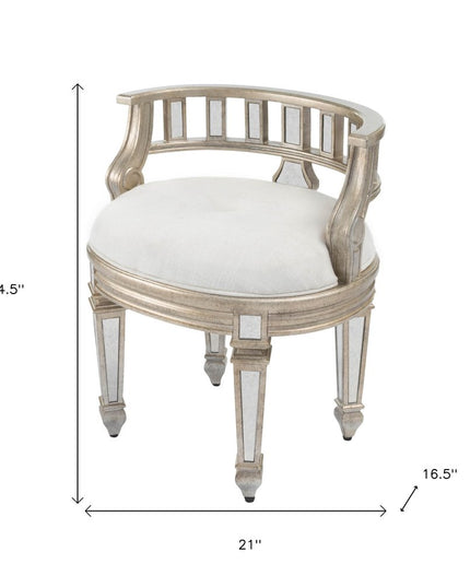 21" Cream Linen And Silver Metallic Round Ottoman