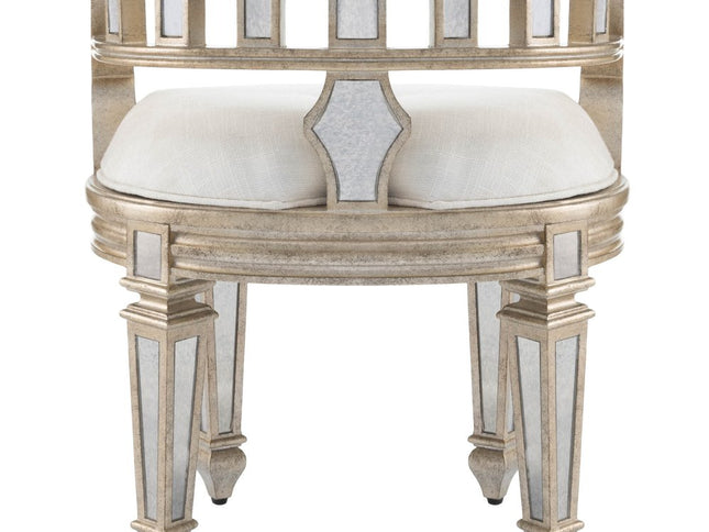 21" Cream Linen And Silver Metallic Round Ottoman