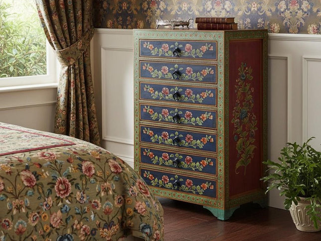 21" Blue and Green Solid Wood Seven Drawer Standard Chest