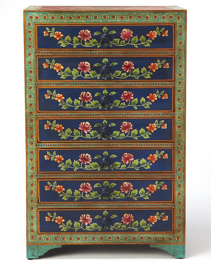 21" Blue and Green Solid Wood Seven Drawer Standard Chest