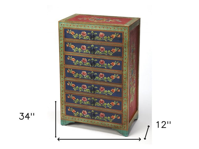 21" Blue and Green Solid Wood Seven Drawer Standard Chest