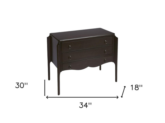 34" Dark Brown Solid Wood Three Drawer Dresser