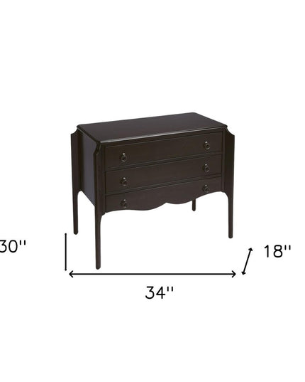 34" Dark Brown Solid Wood Three Drawer Dresser