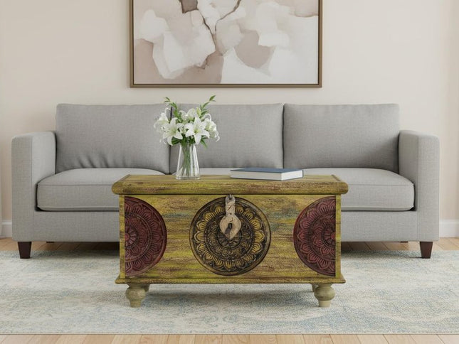 33" Brown and Green Wood Distressed Coffee Table
