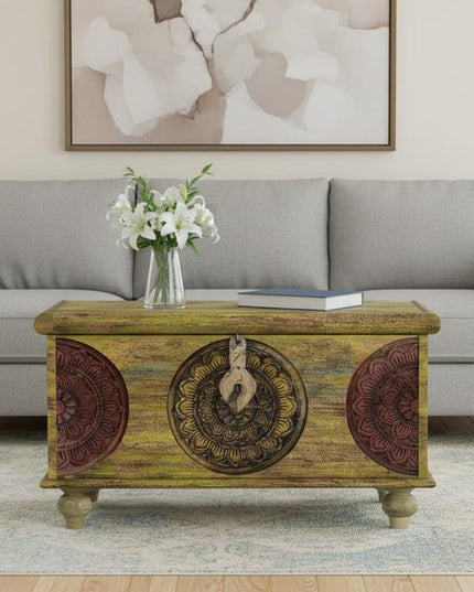 33" Brown and Green Wood Distressed Coffee Table