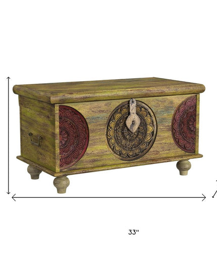 33" Brown and Green Wood Distressed Coffee Table