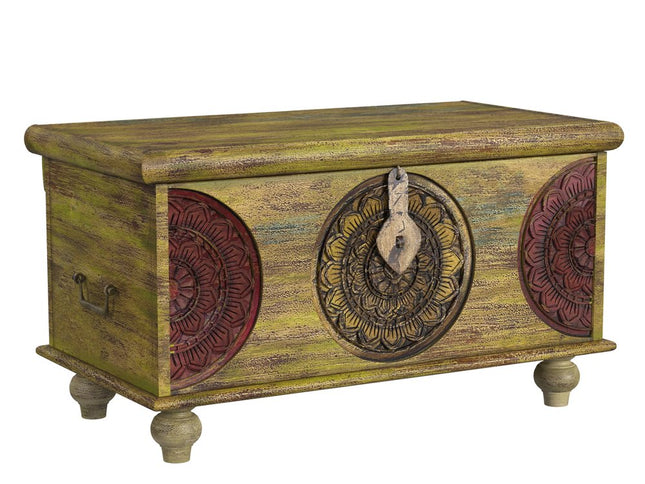 33" Brown and Green Wood Distressed Coffee Table