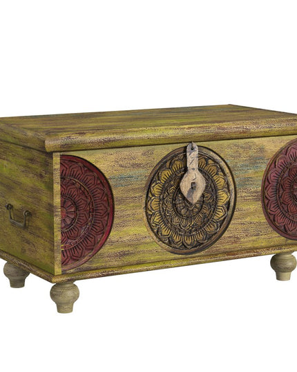 33" Brown and Green Wood Distressed Coffee Table