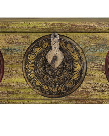 33" Brown and Green Wood Distressed Coffee Table