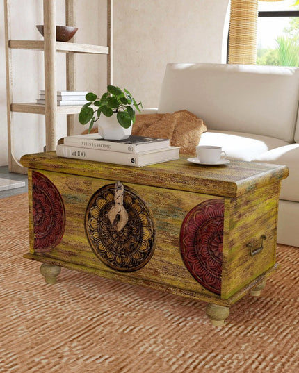 33" Brown and Green Wood Distressed Coffee Table