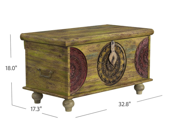 33" Brown and Green Wood Distressed Coffee Table