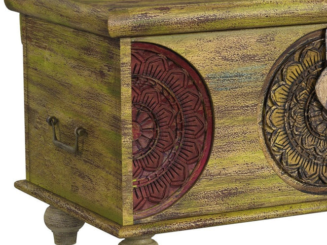 33" Brown and Green Wood Distressed Coffee Table