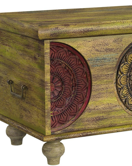 33" Brown and Green Wood Distressed Coffee Table