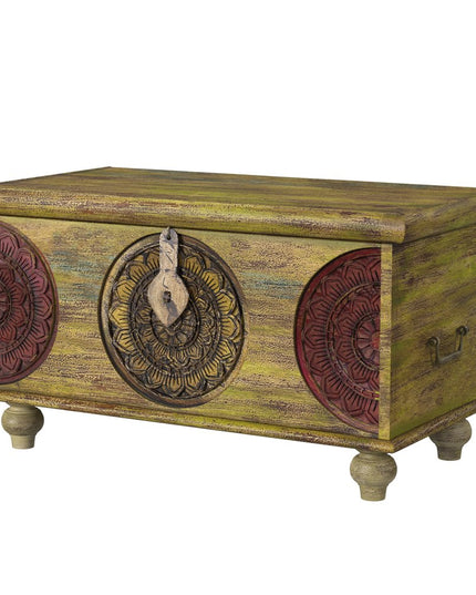 33" Brown and Green Wood Distressed Coffee Table