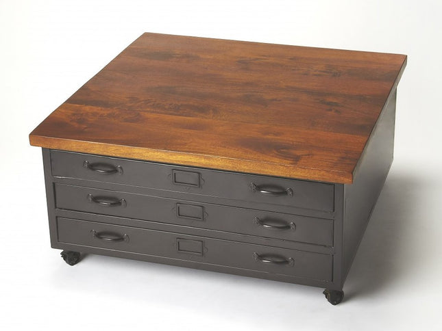 36" Brown and Gray Solid Wood and Metal Square Coffee Table With Three Drawers