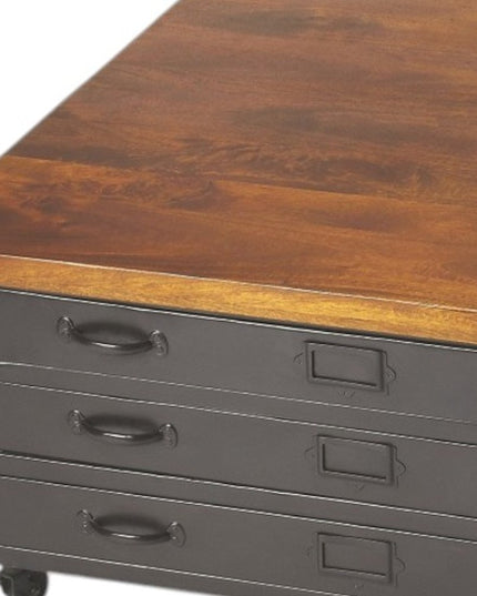 36" Brown and Gray Solid Wood and Metal Square Coffee Table With Three Drawers