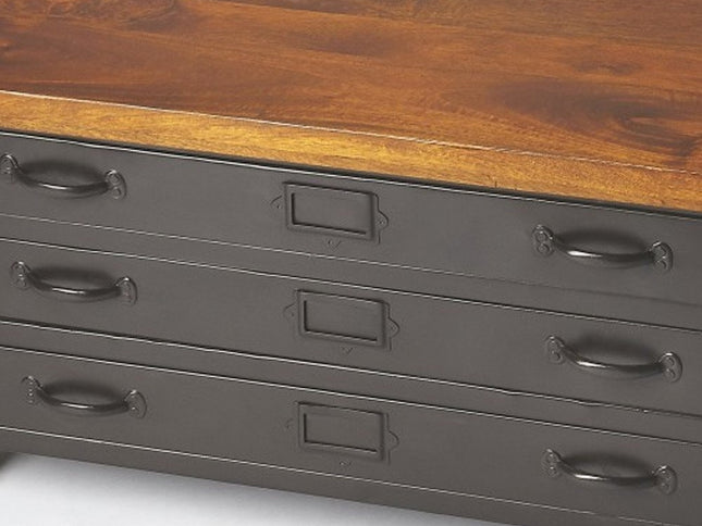 36" Brown and Gray Solid Wood and Metal Square Coffee Table With Three Drawers
