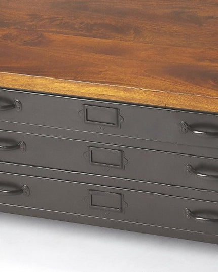 36" Brown and Gray Solid Wood and Metal Square Coffee Table With Three Drawers