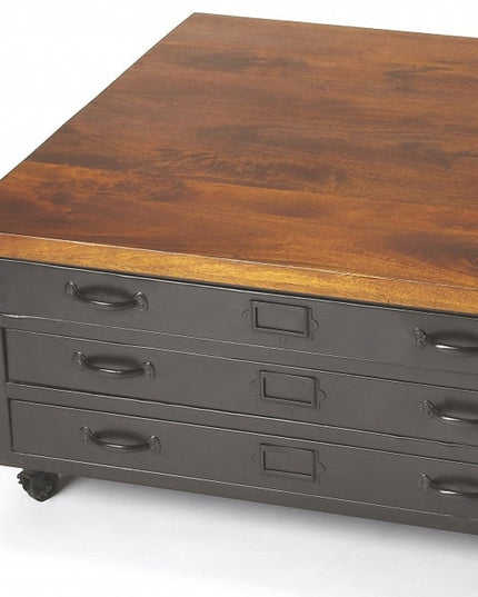 36" Brown and Gray Solid Wood and Metal Square Coffee Table With Three Drawers