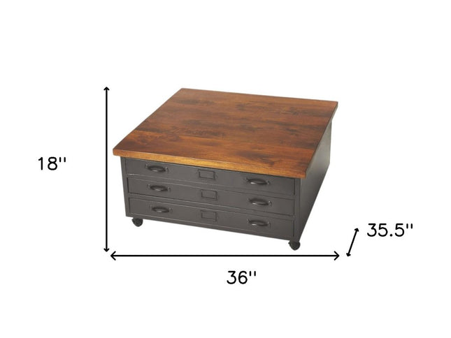 36" Brown and Gray Solid Wood and Metal Square Coffee Table With Three Drawers