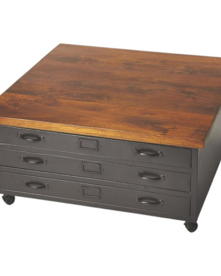 36" Brown and Gray Solid Wood and Metal Square Coffee Table With Three Drawers