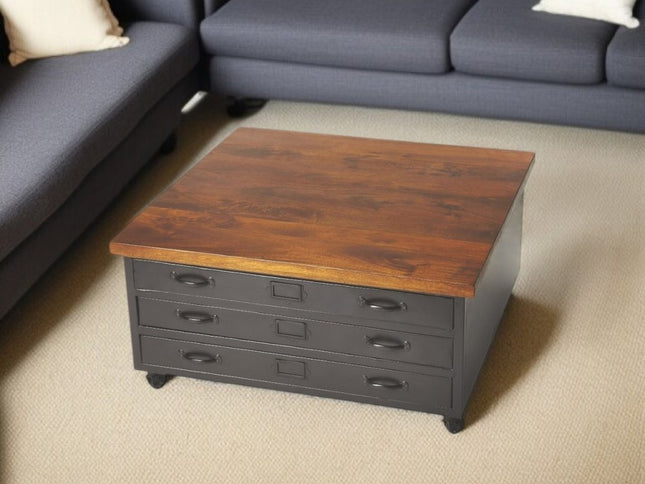 36" Brown and Gray Solid Wood and Metal Square Coffee Table With Three Drawers