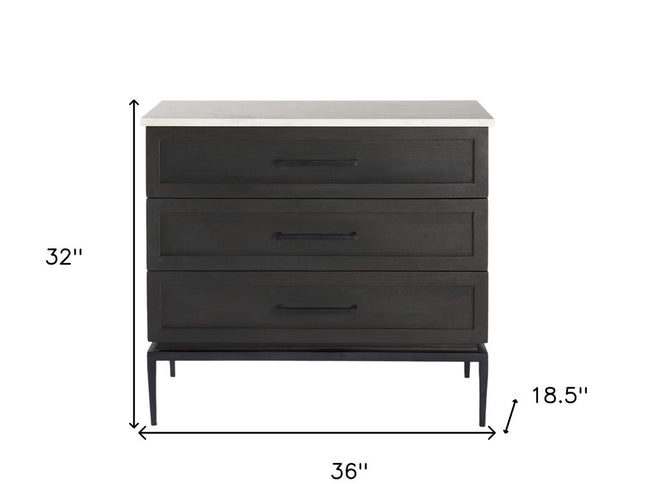 36" Black And White Solid Wood And Marble Three Drawer Dresser