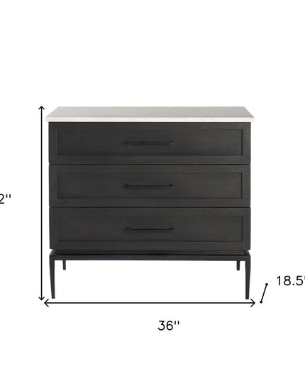 36" Black And White Solid Wood And Marble Three Drawer Dresser