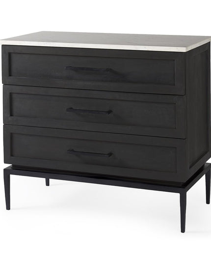 36" Black And White Solid Wood And Marble Three Drawer Dresser