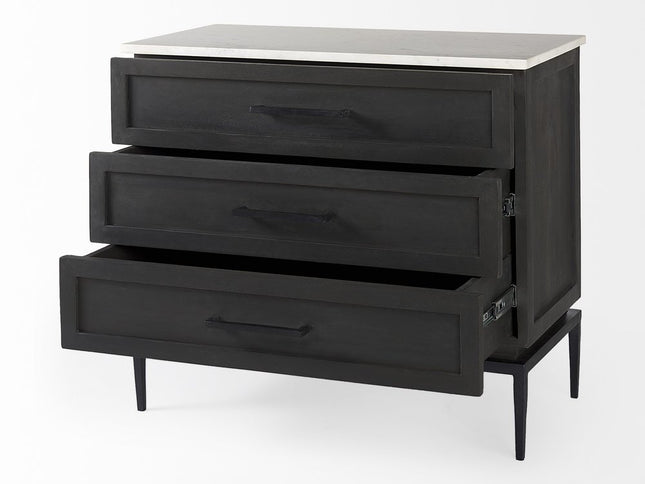 36" Black And White Solid Wood And Marble Three Drawer Dresser
