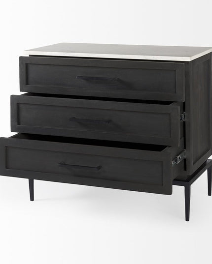 36" Black And White Solid Wood And Marble Three Drawer Dresser