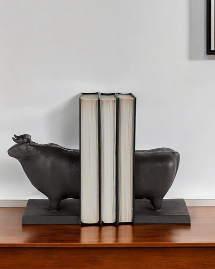 Set of Two 7" Black Fabric Bull Decorative Bookends
