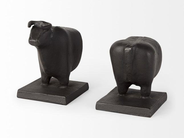 Set of Two 7" Black Fabric Bull Decorative Bookends