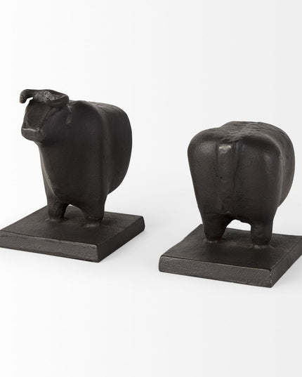 Set of Two 7" Black Fabric Bull Decorative Bookends