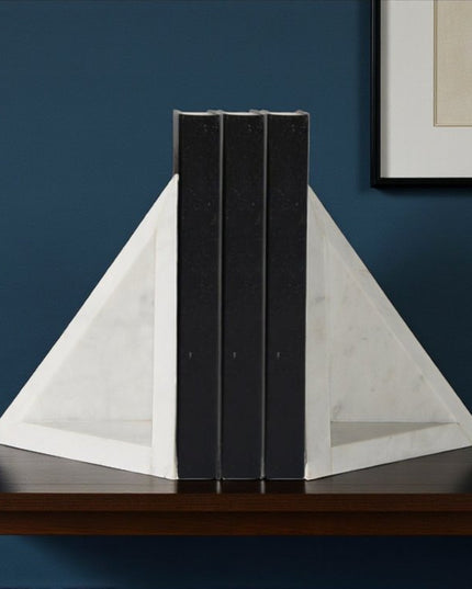 Set of Two White Marble Triangle Decorative Bookends