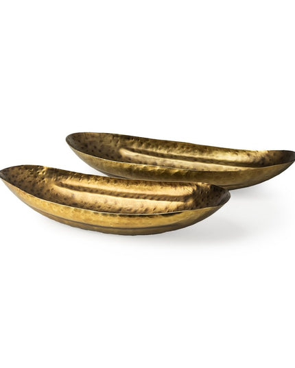 Set of Two Gold Hammered Metal Boat Shaped Decorative Bowls