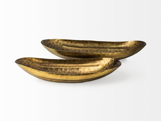 Set of Two Gold Hammered Metal Boat Shaped Decorative Bowls