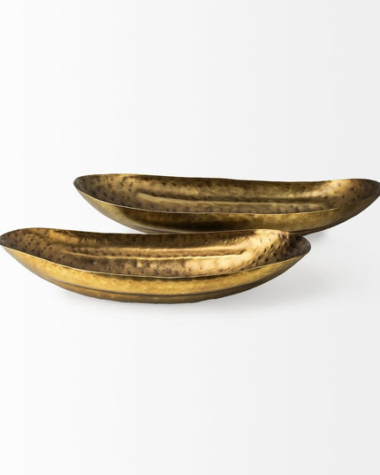 Set of Two Gold Hammered Metal Boat Shaped Decorative Bowls
