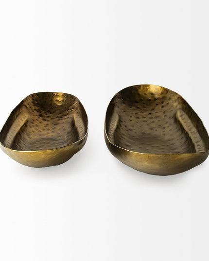Set of Two Gold Hammered Metal Boat Shaped Decorative Bowls