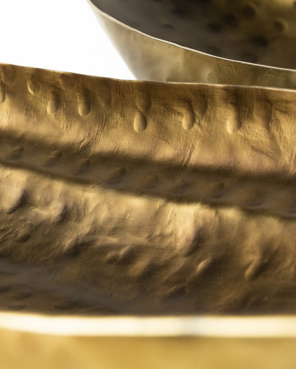 Set of Two Gold Hammered Metal Boat Shaped Decorative Bowls