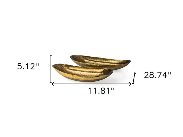 Set of Two Gold Hammered Metal Boat Shaped Decorative Bowls