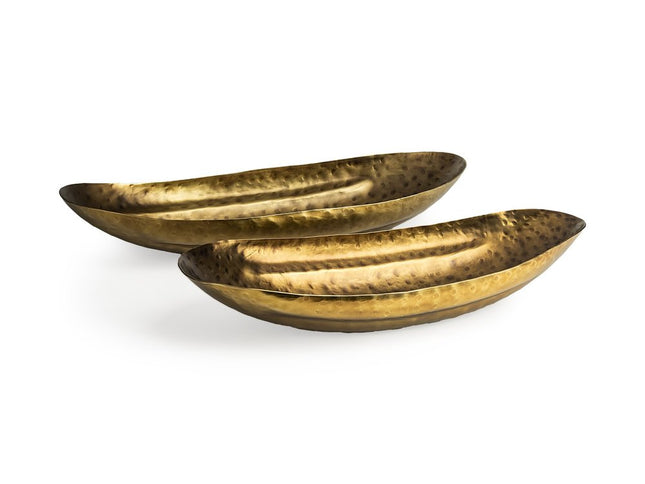Set of Two Gold Hammered Metal Boat Shaped Decorative Bowls