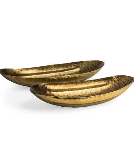 Set of Two Gold Hammered Metal Boat Shaped Decorative Bowls