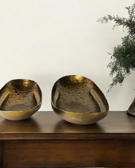 Set of Two Gold Hammered Metal Boat Shaped Decorative Bowls